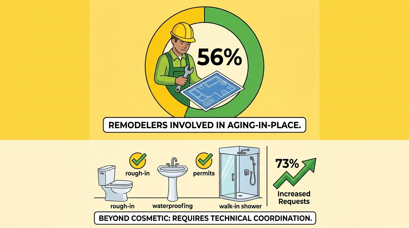 Infographic showing 56 percent of remodelers involved in aging-in-place work, with notes on rough-in, waterproofing, a walk-in shower, permits, and a 73 percent increase in requests