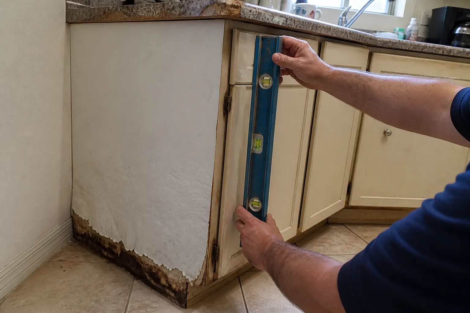 Humidity-damaged cabinet boxes before replacement