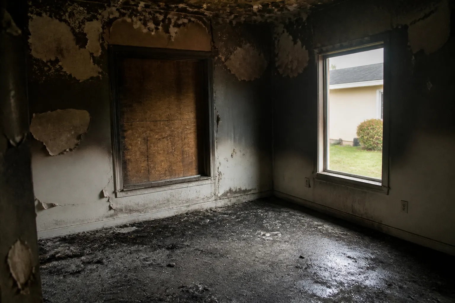 Soot-stained living room after a house fire