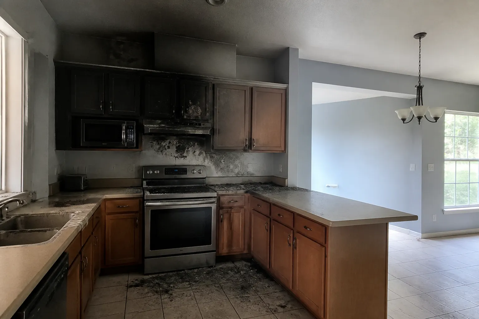 Soot-stained kitchen after a grease fire