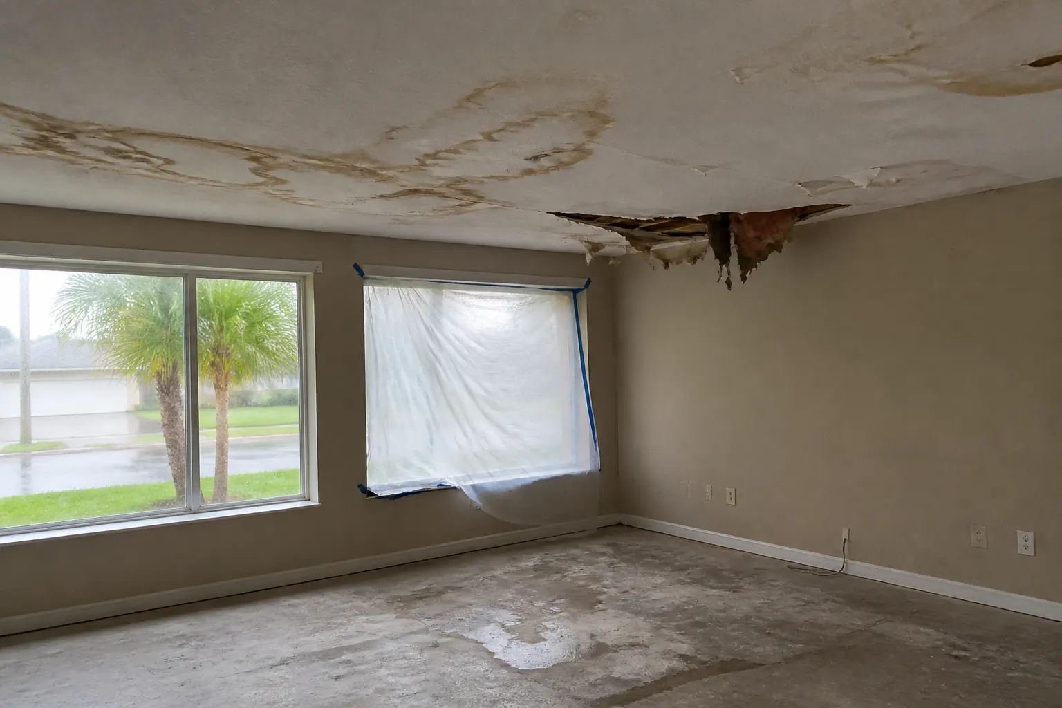 Stained ceiling after a storm, disaster restoration interior rebuild in Lakeland FL